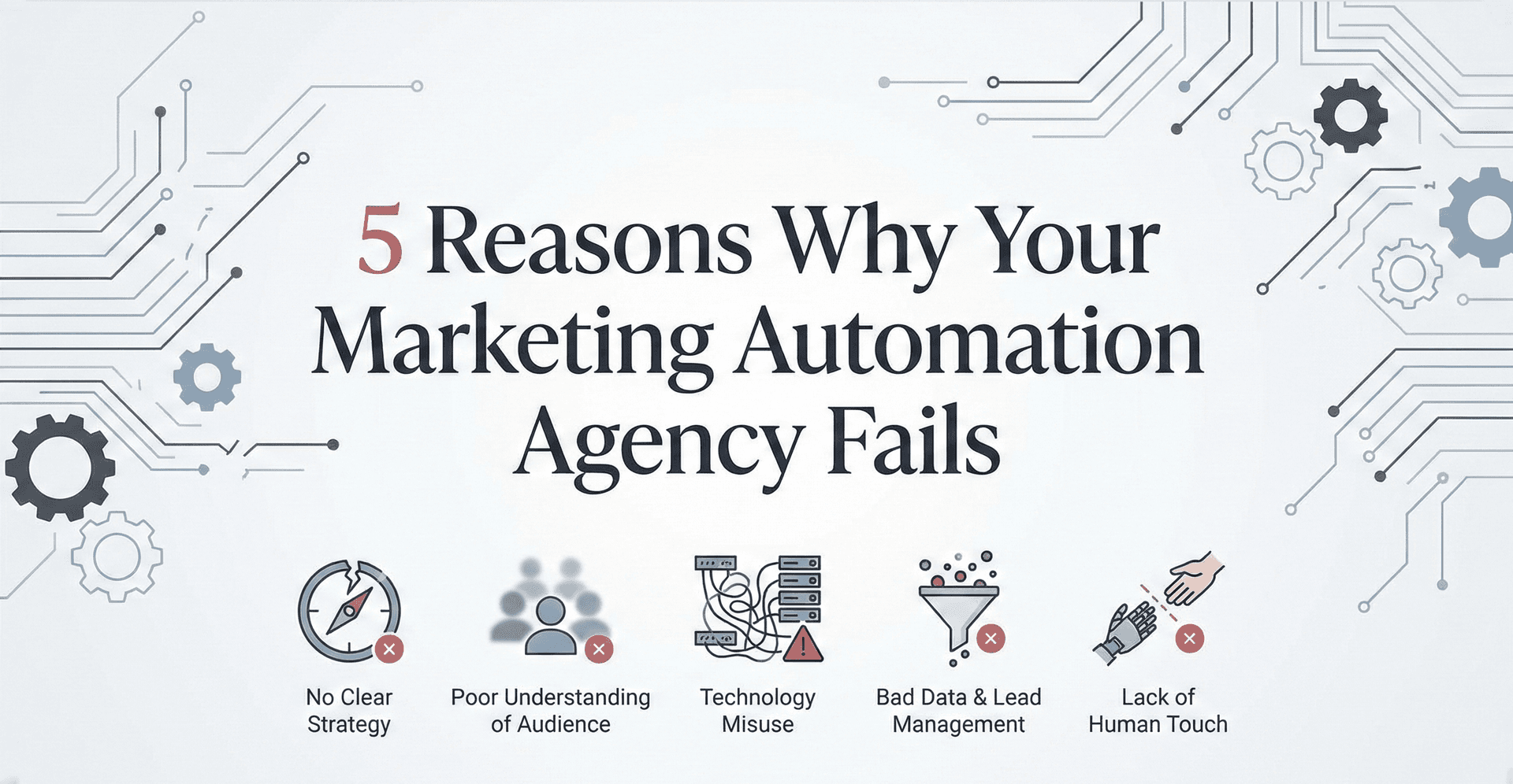 Illustration showing 5 common reasons why marketing automation agencies fail, including strategy gaps, poor data quality, and lack of human oversight